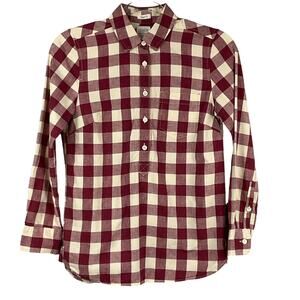 J CREW Women Popover Perfect Fit Gingham Homespun Shirt Burgundy Check Plaid XS